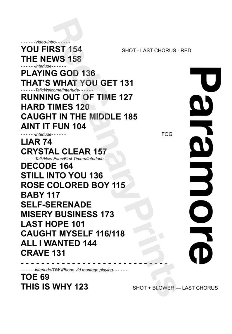 Paramore Concert Set List 2023 Etsy