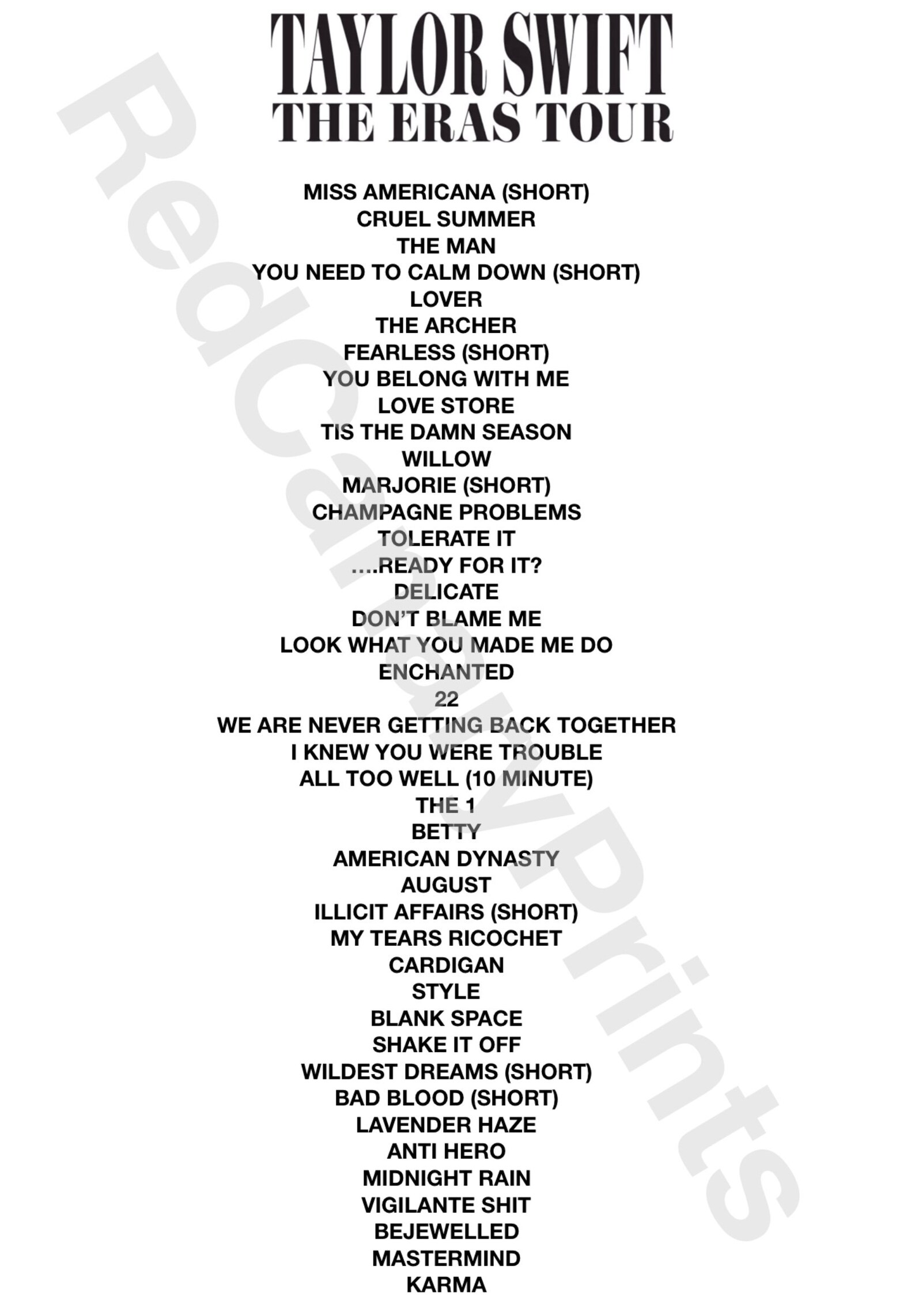 Taylor Swift Eras Tour Set List 2023 Etsy