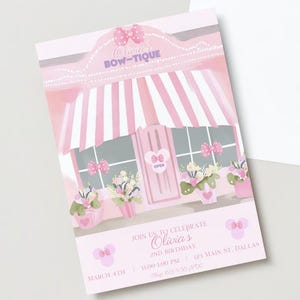 Minnie Geburtstagseinladung Bowtique Party lädt ein Rosa Pastell bearbeitbar und druckbar Einladen Sofort-Download Bearbeiten in Canva