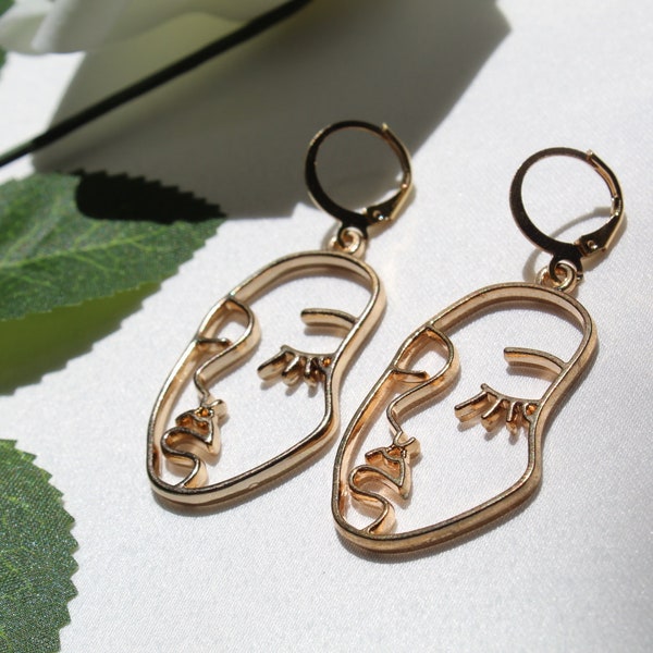 Gold Picasso Artsy Face Earrings + Hoop Face Earrings + Abstract Earrings + Art Deco Jewelry + Minimalist Earrings + Dangle Earrings