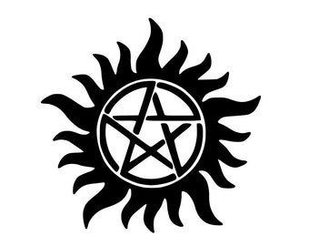 May include: A black graphic design featuring a central pentagram enclosed within a circular border, surrounded by stylized, flame-like points radiating outward. The entire symbol is rendered in a solid, bold black color against a plain white background.