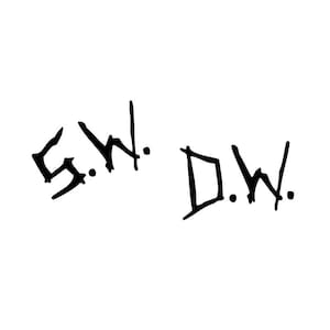 May include: Black handwritten text on a white background. The text includes the initials "S.W." and "D.W." in a stylized, slightly gothic font. The letters are bold and stand out against the clean white backdrop.