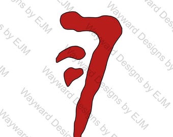 May include: A solid red graphic symbol featuring a long, vertical, slightly curved main stroke with two smaller, detached, teardrop-shaped elements positioned to the left of the upper section, creating a distinct abstract shape on a white background.