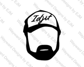 May include: Black and white graphic of a bearded face wearing a trucker hat. The hat has the word "Idjit" in a script font. The design is a simple, bold illustration.