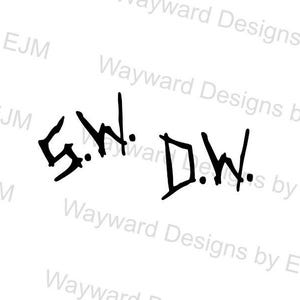 May include: A black graphic design featuring the hand-drawn letters S.W. and D.W. in a stylized, angular font. The text Wayward Designs by EJM is repeated in a light gray, watermark-style pattern across the background of the image.