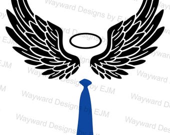 May include: A graphic design featuring a pair of black angel wings with a black halo positioned between them, centered above a solid blue necktie. The design is presented against a white background with a repeating watermark text overlay.