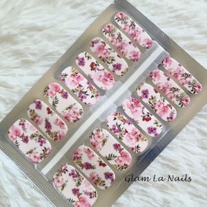 Pink Floral Nail Wraps/ Nail Strips/ Nail Stickers/ full nail wrap/ stick on nails/ nail art sticker/ nail wraps for women/ white nails