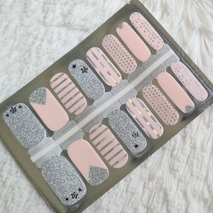 Pink and Silver nail wraps for her, nail strips heart, gift custom stickers for mum, party nails, stars nail stickers, classy, elegant