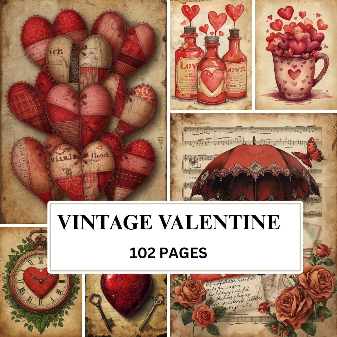 Vintage Valentine Junk Journal Printable Kit, Heart Ephemera, Digital ...