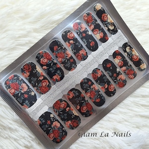 Red Roses Nail Wraps, Glitter Nail Strips, Nail Stickers, full nail wrap, stick on nails, nail wraps for women, floral nailart, black wraps