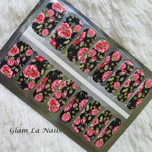 Floral Nail wraps, party black nail stickers, red and black nail strips, trendy nailart, stickers gift for her, party nails, custom nails