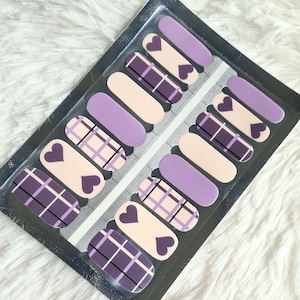 Purple nail wraps for her, nail strips heart, gift custom stickers for mum, checkered nails, lilac nail stickers, plaid, gradient nail wraps
