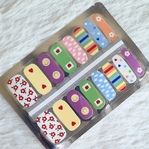 Back to school nail wraps, nail polish strips, floral nail stickers, apple nails, rainbow nail art, purple nail stickers, yellow nail wraps