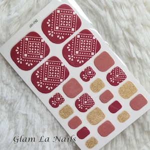 Red and Gold Toe Nail Wraps/ Nail Strips/ Nail Stickers/ full nail wrap/ nail wraps for women/ holiday toe nails/ aztec nails/ cute nails
