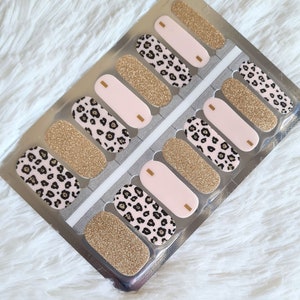 Animal Print nail wraps, nail polish strips, gold nail stickers, game, pink nail art, jaguar nails, birthday gift, party, nails for her