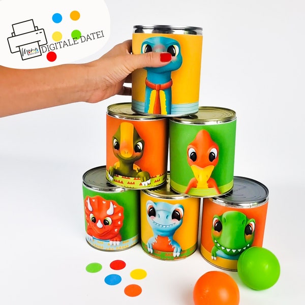 Lanzamiento de latas de dinosaurios para fiestas de cumpleaños infantiles para imprimir y hacer Idea de juego | puede lanzar