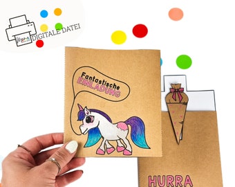 Unicorn invitation for school enrollment to print, color and craft | schoolchild | school cone | back to school