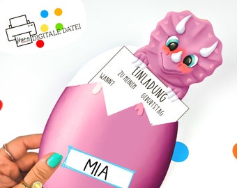 10 rosa Dinosaurier Einladungen für den Kindergeburtstag zum Ausdrucken und Basteln | Dinoei | Dino Einladungskarte