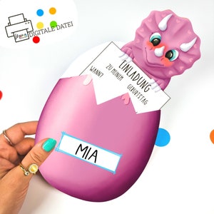 10 invitaciones de dinosaurios rosas para fiestas de cumpleaños infantiles para imprimir y hacer huevo de dinosaurio | Tarjeta de invitación de dinosaurio