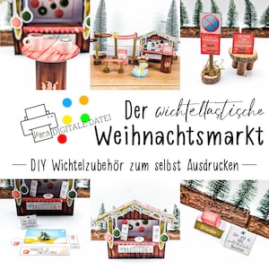 Puede incluir: Una escena de mercado navideño en miniatura con varios puestos, letreros y elementos decorativos. La escena incluye pequeñas mesas, un puesto de café con dos tazas y un letrero que dice "BASTELEIEN". El texto "Der wichteltastische Weihnachtsmarkt" también es visible.