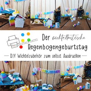 DIY gnome birthday set in a rainbow look: Enchant the scene in front of the gnome door with magical rainbow decorations gnome | Dollhouse