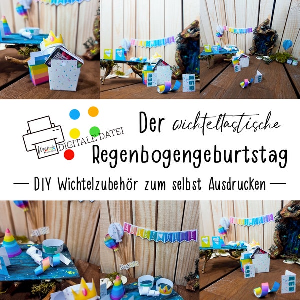 DIY Wichtel Geburtstagsset in Regenbogen Optik: Verzaubere die Szene vor der Wichteltür mit magischer Regenbogen-Deko | Wichtel | Puppenhaus