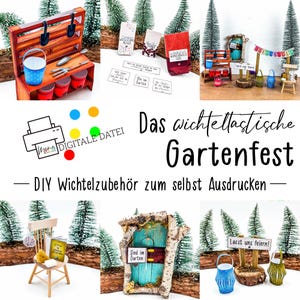 May include: Printable DIY gnome party decorations for a garden themed party. The set includes a gnome door, a gnome chair, a gnome lantern, a gnome sign, and a gnome garden sign. The decorations are all in a whimsical style with bright colours and fun details.