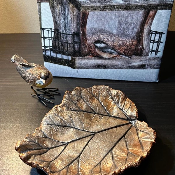 Bronze and Black Cast Concrete Rhubarb Leaf  7" long x 5.5" wide