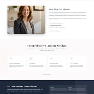 Może przedstawiać: Zrzut ekranu strony internetowej SmartPath Lending, z kobietą w marynarce i tekstem „Your Journey Home Starts Here”. Witryna oferuje usługi hipoteczne, z sekcjami dotyczącymi usług, kontaktu i formularza do omówienia celów finansowych.