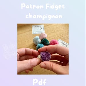 Peut inclure: Un patron de crochet pour un champignon Fidget, avec le texte "Patron Fidget champignon" et "Pdf". L'image montre plusieurs champignons au crochet colorés en rose, vert, bleu et violet.