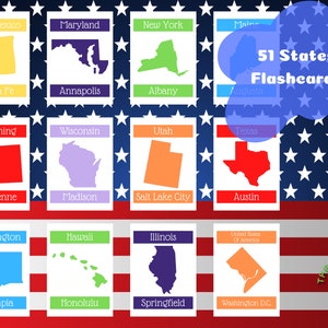 Cartes mémoire de base 50 États + Washington D.C. | Cartes mémoire éducatives à télécharger numériquement