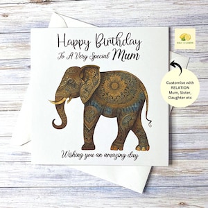 Carte d'anniversaire pour maman, maman, maman, grand-mère, grand-mère, femme, fille, belle-fille, soeur, nièce, cartes pour elle, carte éléphant au henné, cadeau
