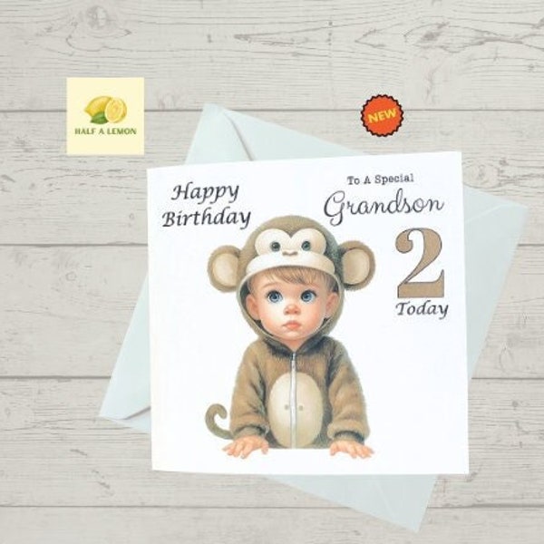 Grandson Card, Grandson Birthday card, Birthday card, 2nd birthday card for a boy, Cheeky Little Monkey, birthday card, Second, gift