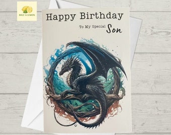 Son Birthday card, illustrated mythical dragon, Birthday card for son, Birthday card for him, Birthday cards, video game, book, gift,