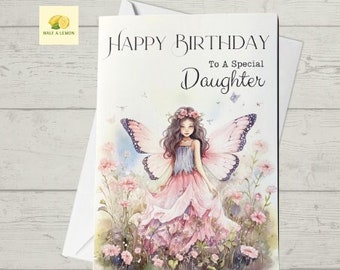 Daughter Birthday card, birthday card for a Daughter, daughter card, featuring a girl dressed as a Fairy with pink flowers, gift,