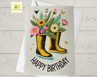 Birthday card, Gardening Birthday card with yellow wellies and flowers, perfect birthday card for a keen gardener male or female, gift,
