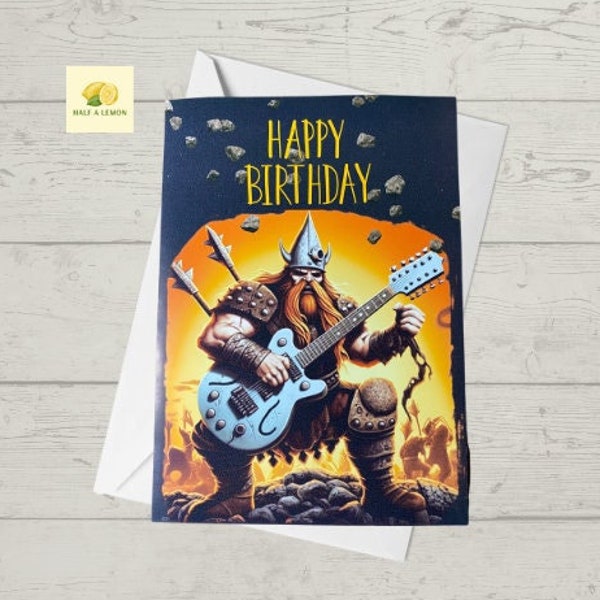 Birthday card, Rock music, heavy metal music, Viking playing a guitar, birthday card with guitar, card for him, brother, friend, dad, son,