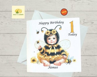 First Birthday card for a girl, 1st birthday card for a girl, personalised, bumble bee birthday card, gift,