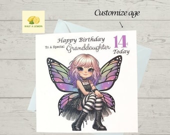 Granddaughter Card, card for Granddaughter, Happy Grunge Fairy, for any age, 10th, 11th, 12th, 13th, 14th, 15th, 16, 17th, 18th, gift
