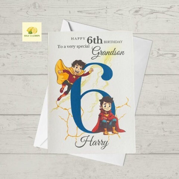 Grandson Superhero Birthday card, Personalise with name and age Birthday card for Grandson, 3rd, 4th, 5th, 6th, 7th, 8th, 9th, 10th