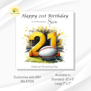 Carte d'anniversaire de 21 ans, TOUT parent, fils, arrière-petit-fils, petit-fils, neveu, frère, cadeau, carte d'anniversaire jaune et rouge de l'équipe de rugby, lui,