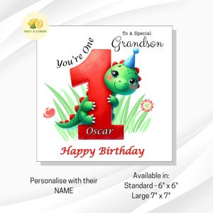 Carte de premier anniversaire, personnalisée, pour TOUS les membres de la famille, arrière-petit-fils, petit-fils, fils, neveu, frère, garçon, lui, dinosaure mignon, cadeau, 1er anniversaire