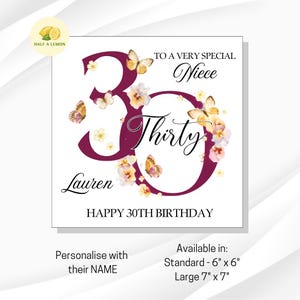 Carte de 30e anniversaire de nièce, carte de 30e anniversaire, 30e anniversaire, nièce, cadeau de 30e anniversaire, trente, botanique, papillons, illustré,