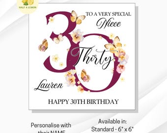 Carte de 30e anniversaire de nièce, carte de 30e anniversaire, 30e anniversaire, nièce, cadeau de 30e anniversaire, trente, botanique, papillons, illustré,