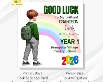 Personalised First Day of School Card for Primary Boys: Custom Uniform/Hair Colours