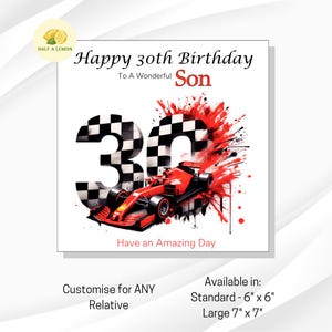 Carte de 30e anniversaire, carte de 30e anniversaire pour fils, carte de 30e anniversaire de frère, pour neveu, gendre, cadeau de 30e anniversaire, formule un, voiture F1,
