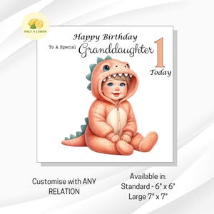 Carte de premier anniversaire pour arrière-petite-fille, carte de 1er anniversaire, mignon dinosaure, petite-fille, fille, nièce, cheveux blonds, yeux bleus, cadeau