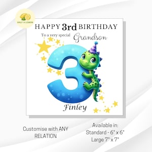 Carte personnalisée du 3e anniversaire pour garçon, pour TOUTE relation, arrière-petit-fils, petit-fils, fils, arrière-neveu, neveu, filleul, lui, cadeau, dinosaure
