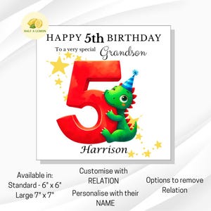 Carte personnalisée de 5e anniversaire pour garçon, pour TOUTE relation, arrière-petit-fils, petit-fils, fils, arrière-neveu, neveu, filleul, lui, cadeau, dinosaure