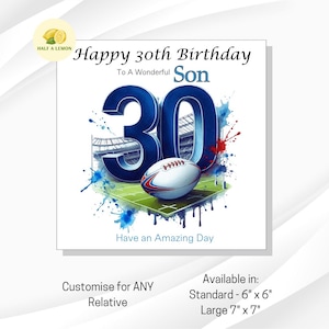 Carte 30e anniversaire, carte 30e anniversaire pour fils, carte 30e anniversaire frère, pour neveu, gendre, cadeau 30e anniversaire, thème rugby 30e,